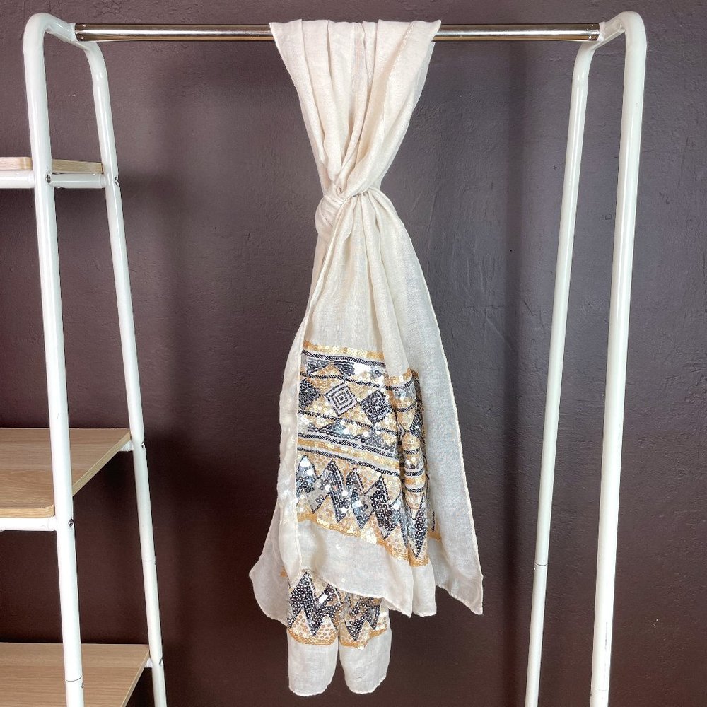 Tan wrap/scarf with gold and black sequins, by Tickled Pink